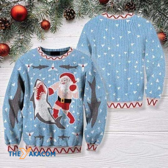 Merry Xmas Shark And Santa Claus Play Boxing Special Pattern Ugly Christmas Sweater