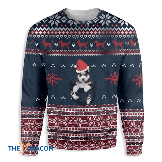 Merry Xmas Siberian Husky In Pocket Gift For Christmas Party Ugly Christmas Sweater