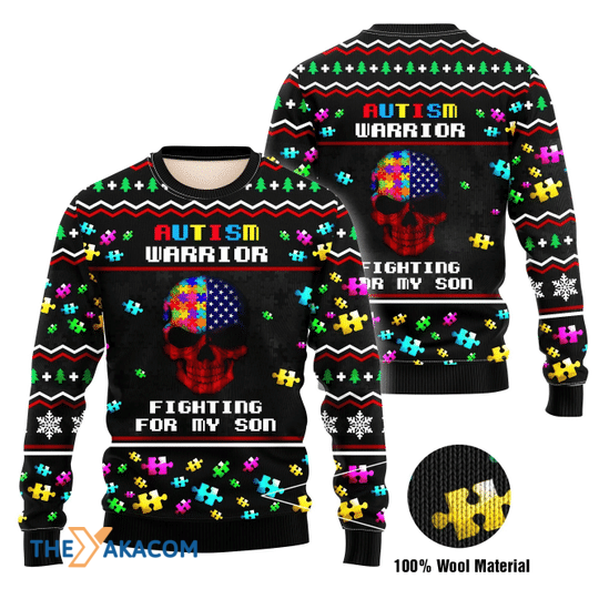 Merry Xmas Skull Autism Warrior Fighting For My Son Special Pattern Ugly Christmas Sweater