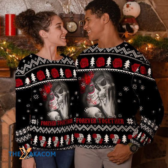 Merry Xmas Skull Couple Forever Together Awesome Gift For Christmas Ugly Christmas Sweater