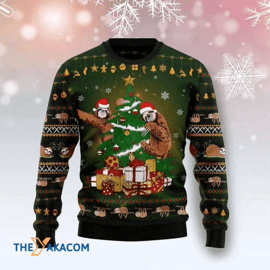 Merry Xmas Sloth With Tree And Presents Black Vintage Ugly Christmas Sweater