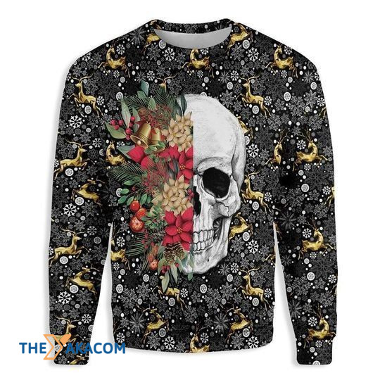 Merry Xmas Symmetric Skull With Flowers Gift For Christmas Party Ugly Christmas Sweater