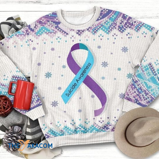 Merry Xmas Teal And Purple Ribbon Suicide Prevention Awareness Ugly Christmas Sweater