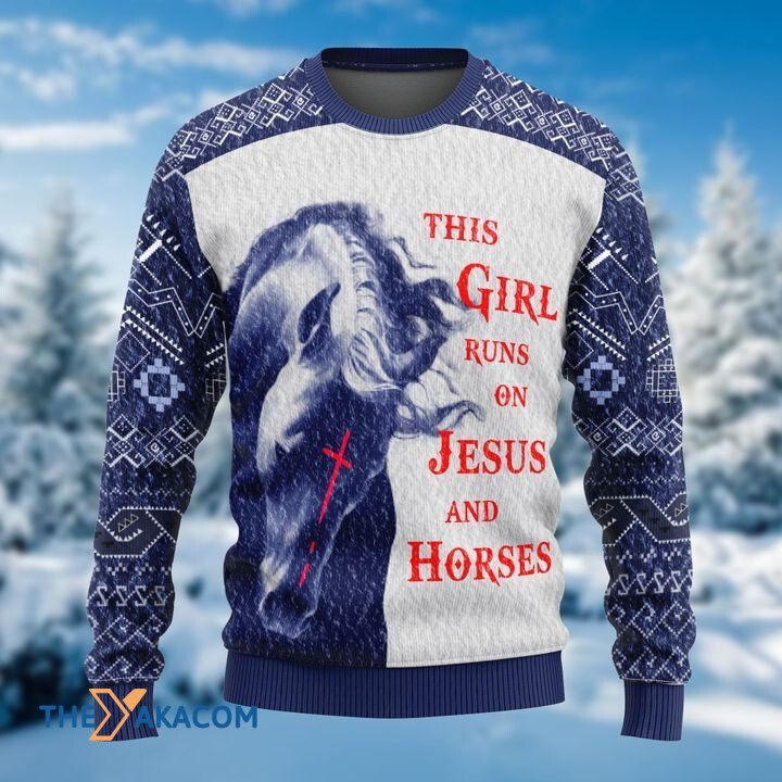 Merry Xmas This Girl Runs On God And Horses Awesome Gift For Christmas Ugly Christmas Sweater