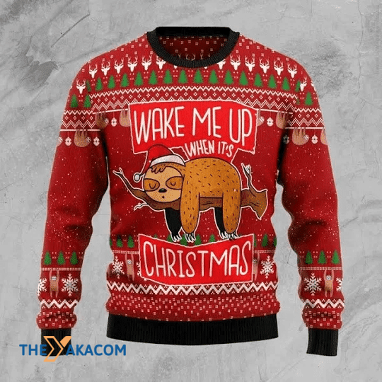 Merry Xmas Wake Me Up When It's Christmas Lazy Sloth And Special Pattern Ugly Christmas Sweater