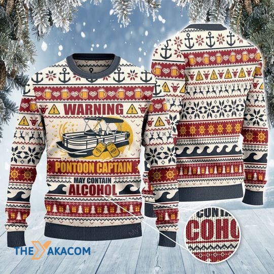 Merry Xmas Warning Pontoon Captain May Contain Alcohol Awesome Gift For Christmas Ugly Christmas Sweater