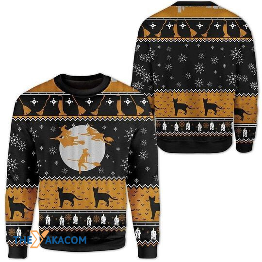 Merry Xmas Witch And Black Cat Gift For Christmas Party Ugly Christmas Sweater