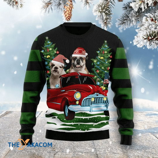 Merry Xmas With Bulldog And Red Car Gift For Christmas Party Ugly Christmas Sweater