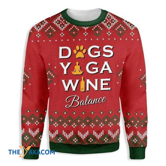 Merry Xmas With Funny Dogs Yoga Wine Balance And Special Pattern Ugly Christmas Sweater