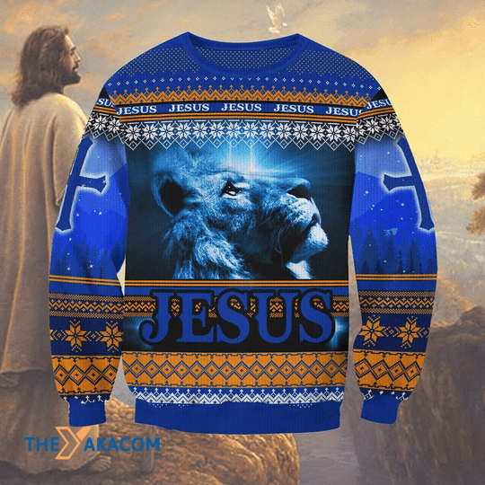 Merry Xmas With Incredible Lion Jesus Cross Vintage Pattern Ugly Christmas Sweater