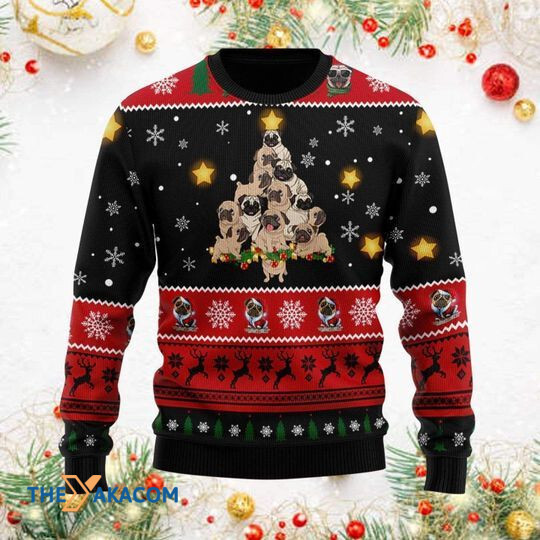 Merry Xmas With So Cute Pug Tree Black Red And Awesome Pattern Ugly Christmas Sweater