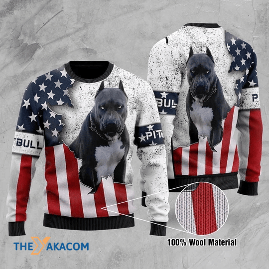 Merry Xmas With Super Cool Pitbull American Flag Ugly Christmas Sweater