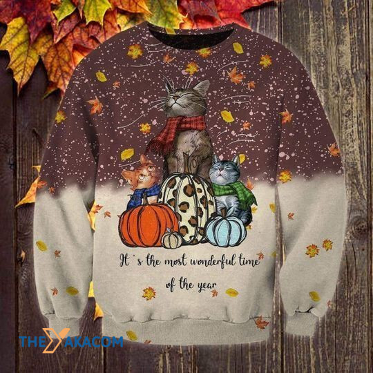 Merry Xmas With Thanksgiving It's The Most Wonderful Time Of The Year Cat And Special Pattern Ugly Christmas Sweater