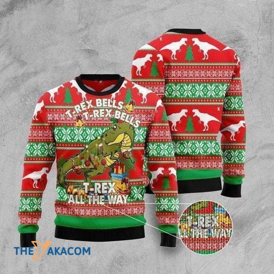 Merry Xmas With Trex Bells Trex All The Way Merry Wool Christmas Sweater