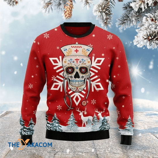 Merry Xmas Wonderful Sugar Skull Nurse Special Pattern Ugly Christmas Sweater