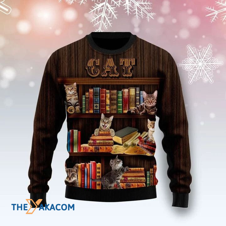 Naughty Cat Climb On Bookcase Gift For Christmas Ugly Christmas Sweater