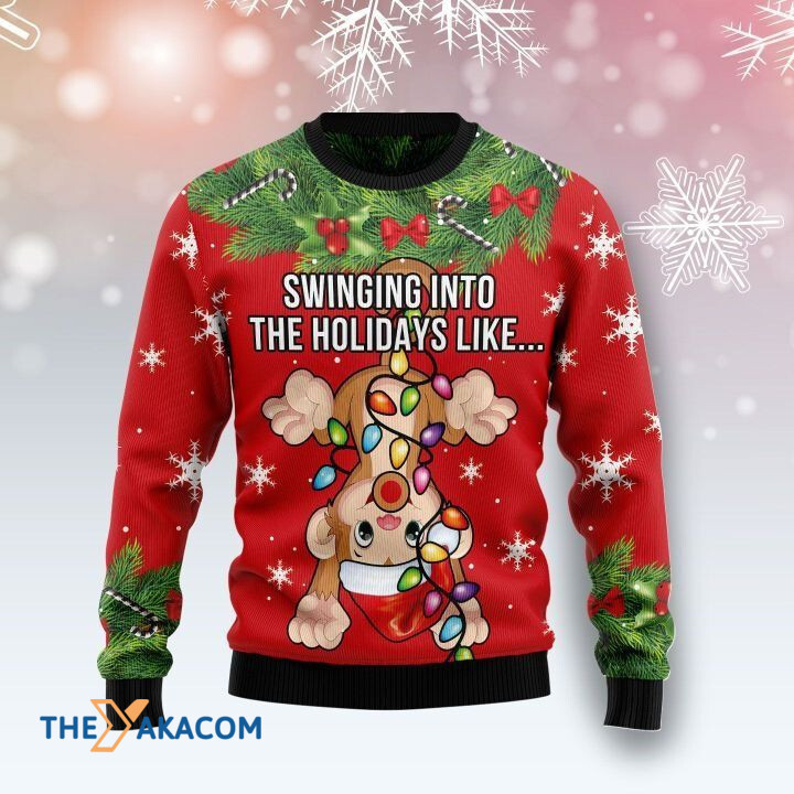 Naughty Little Monkey With Colorful Light Swinging Into The Holidays Like... Gift For Christmas Ugly Christmas Sweater