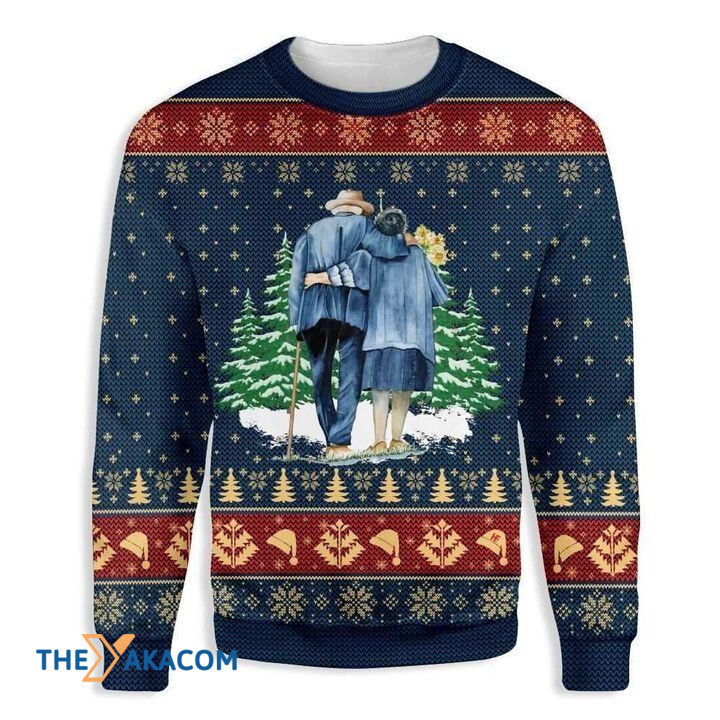 Old Couple Walking Together In Winter Gift For Christmas Ugly Christmas Sweater