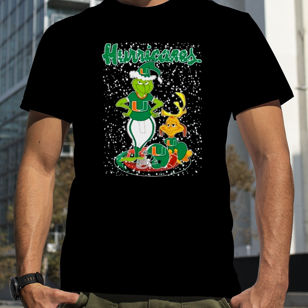 Santa Grinch And Dog Miami Hurricanes Helmet Merry Christmas shirt