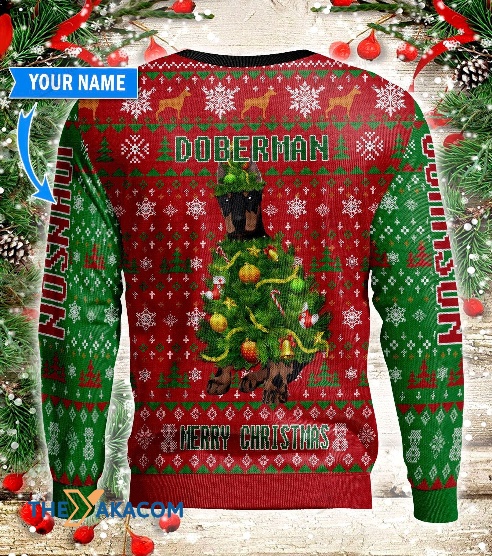 Personalized Christmas Day's Big Doberman Dog And Tree Gift For Christmas Ugly Christmas Sweater