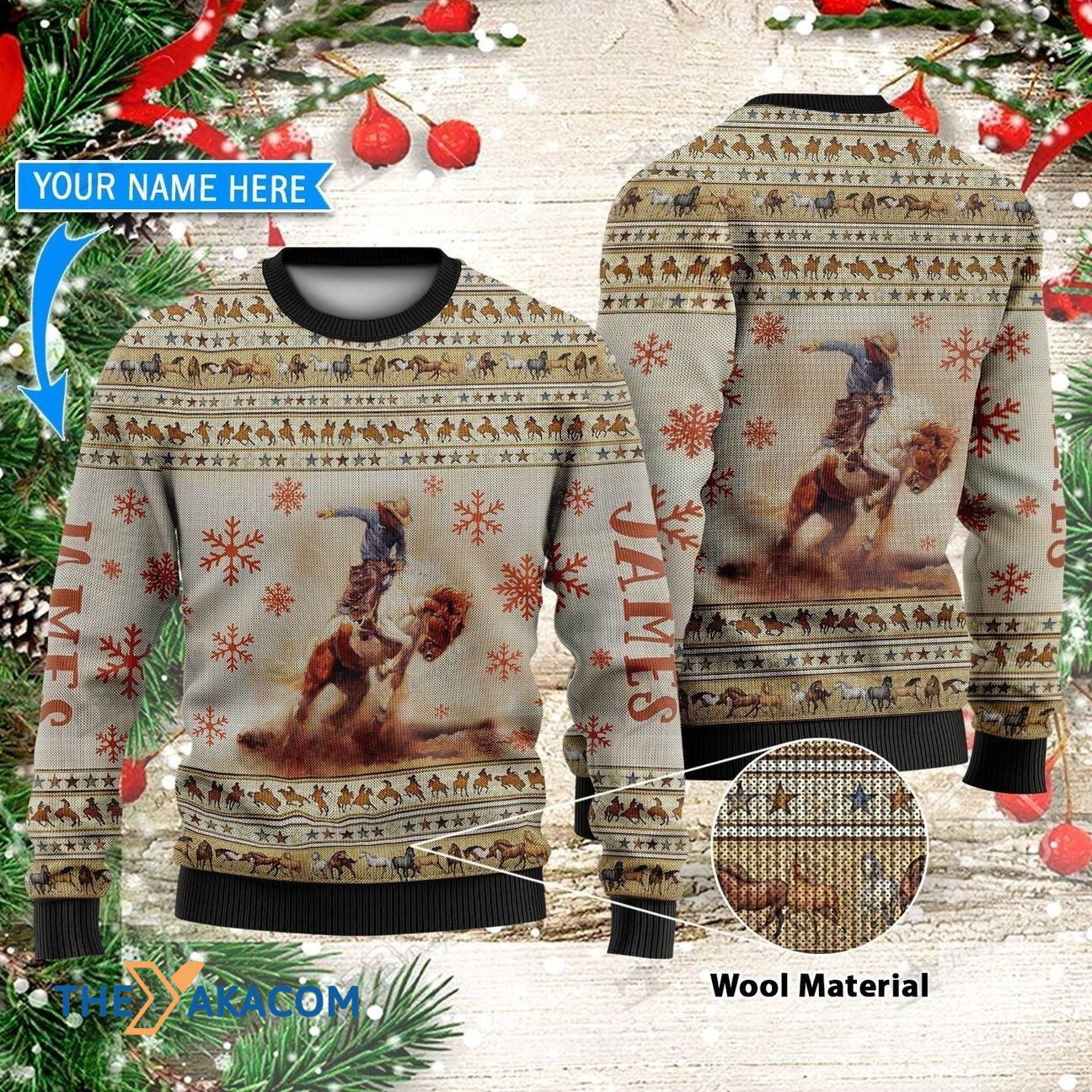 Personalized Cowboy Riding Horse With Snow Flowers Gift For Christmas Ugly Christmas Sweater