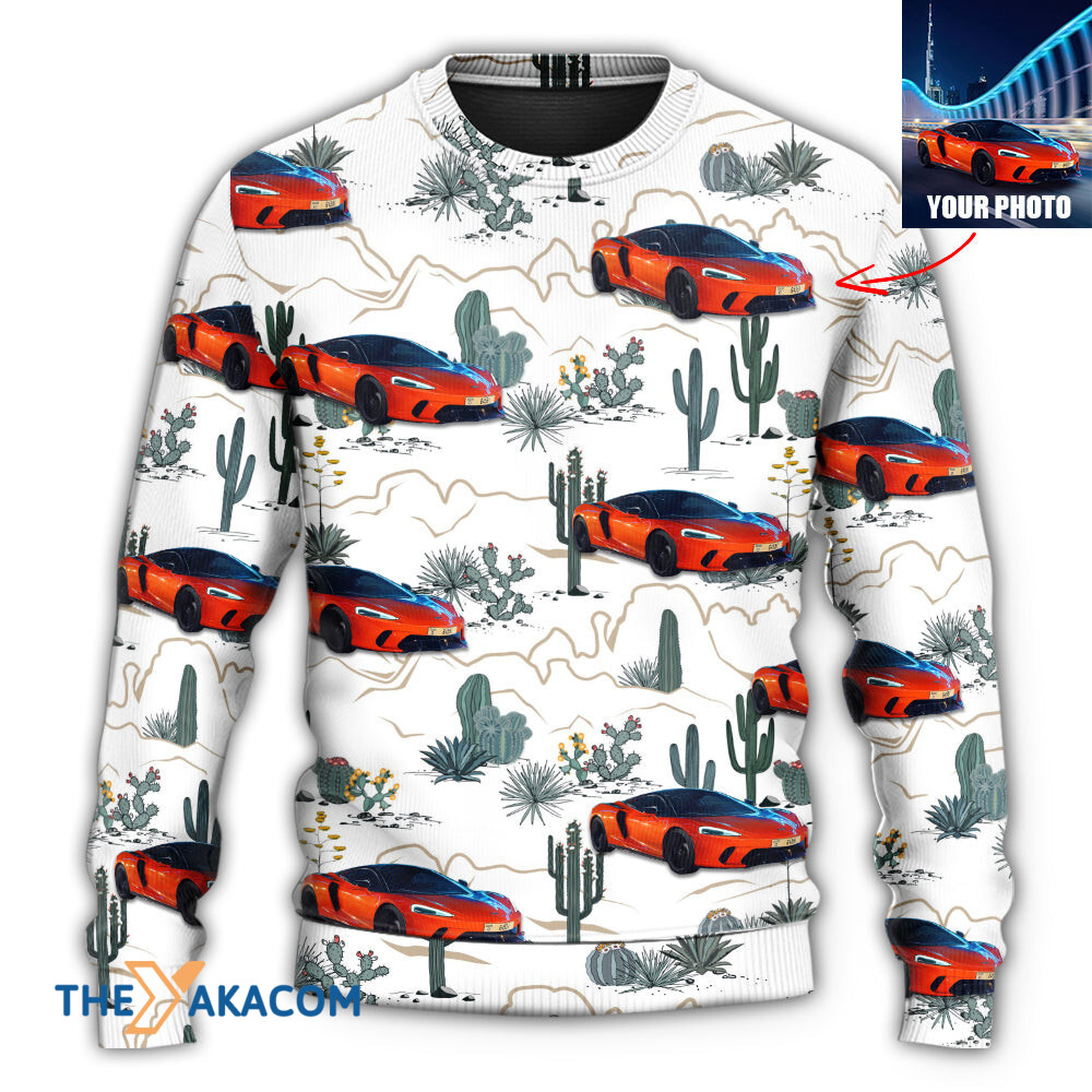 Personalized Custom Image Car Desert With Mountains Blooming Cacti Opuntia And Saguaro Custom Photo Gift For Lover Ugly Christmas Sweater