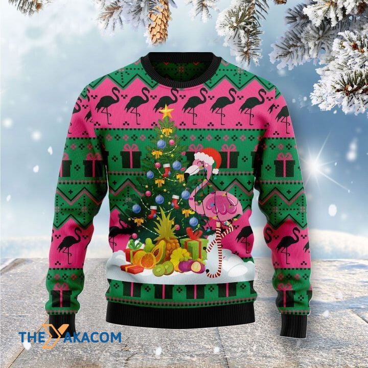 Pink Flamingo With Colorful Light And Pine Tree Gift For Christmas Ugly Christmas Sweater