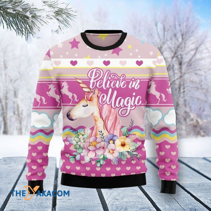 Pink Unicorn On Flowers Believe In Magica Gift For Christmas Ugly Christmas Sweater