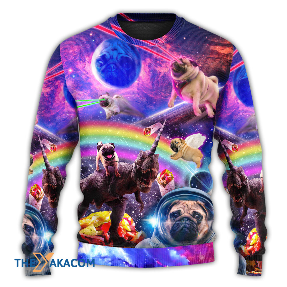 Pug Galaxy Rainbow Star T-Rex Style Gift For Lover Ugly Christmas Sweater