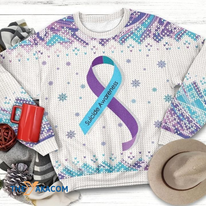 Purple Ribbon Suicide Awareness Gift For Christmas Ugly Christmas Sweater