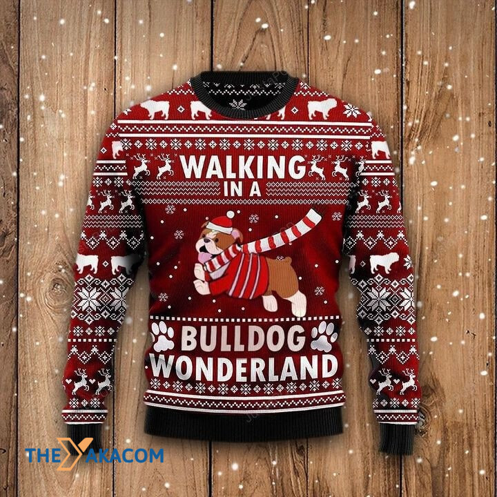 Red Background Lovely Funny Dog Walking In A Bulldog Wonderland Gift For Christmas Ugly Christmas Sweater