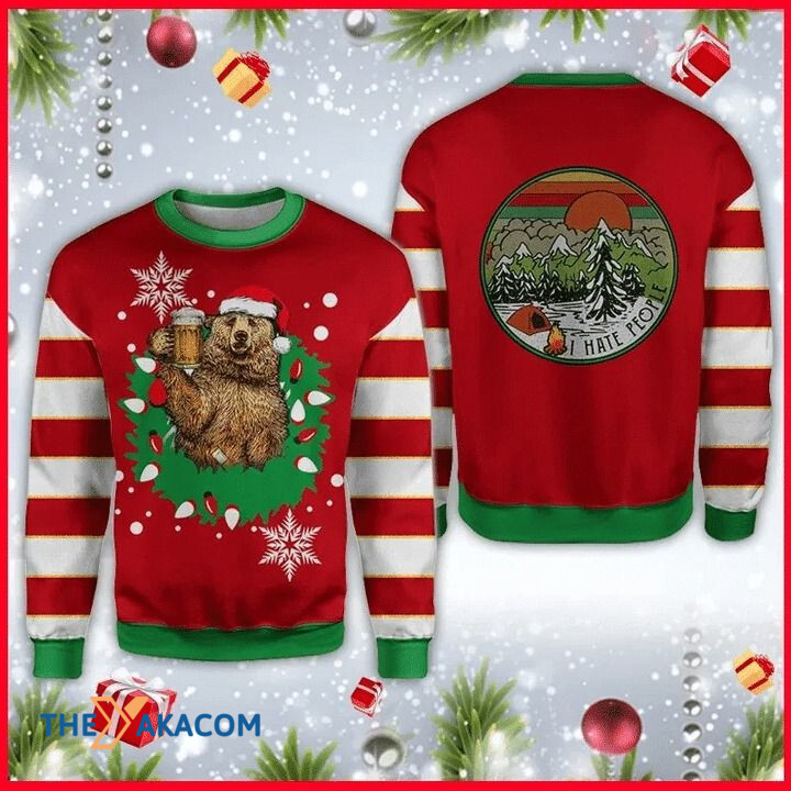 Red Bear Drinking Beer In Christmas Crown Gift For Christmas Ugly Christmas Sweater