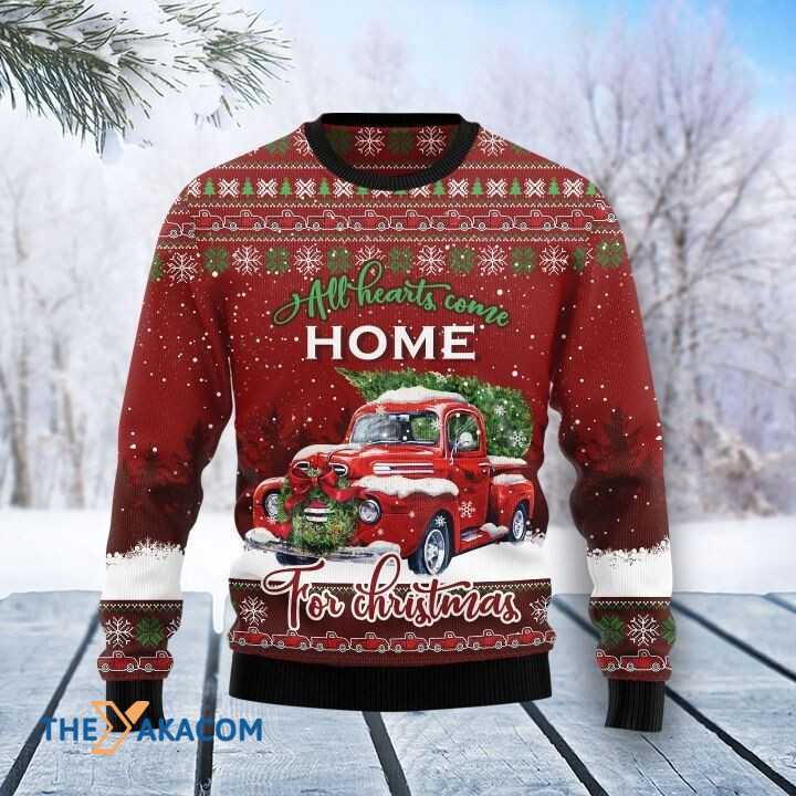 Red Car In Winter All Hearts Come Home For Christmas Gift For Christmas Ugly Christmas Sweater