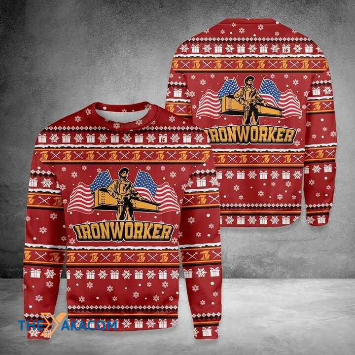 Red Christmas Pattern And American Flag Ironworker Gift For Christmas Ugly Christmas Sweater