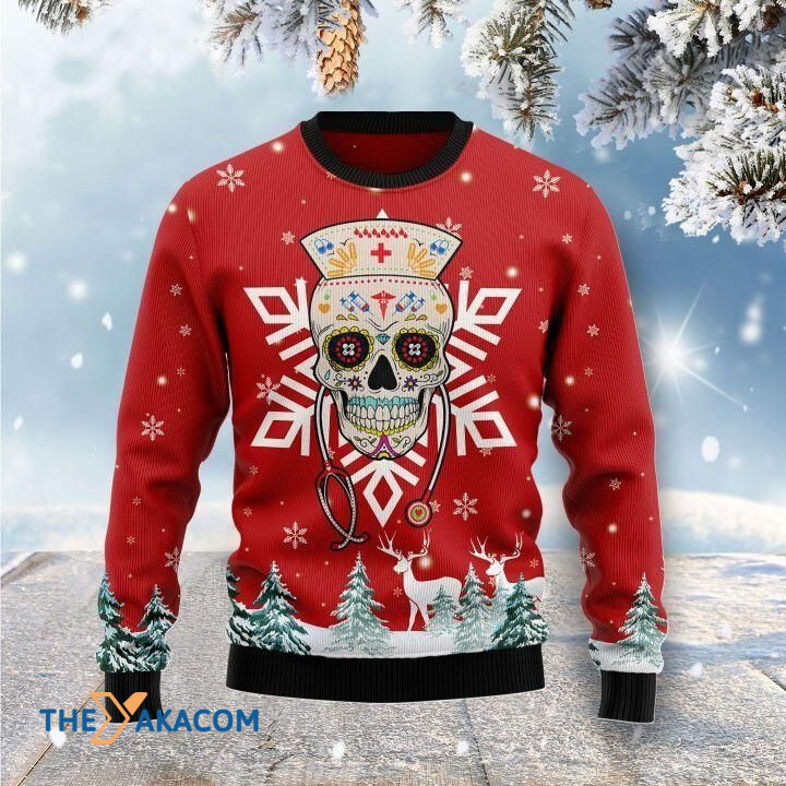 Red Christmas Patterns Sugar Skull Nurse Gift For Christmas Ugly Christmas Sweater