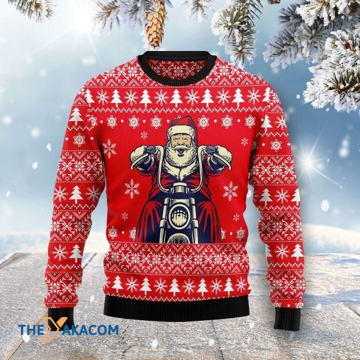 Red Christmas Santa Claus Ride Motorcycle Gift For Christmas Ugly Christmas Sweater