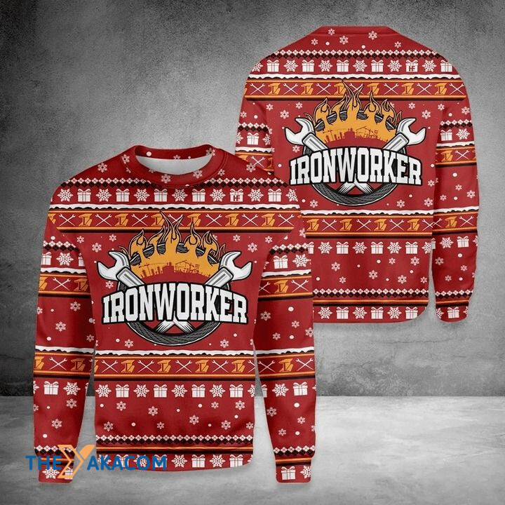 Red Flower Patterns Ironworker Gift For Christmas Ugly Christmas Sweater