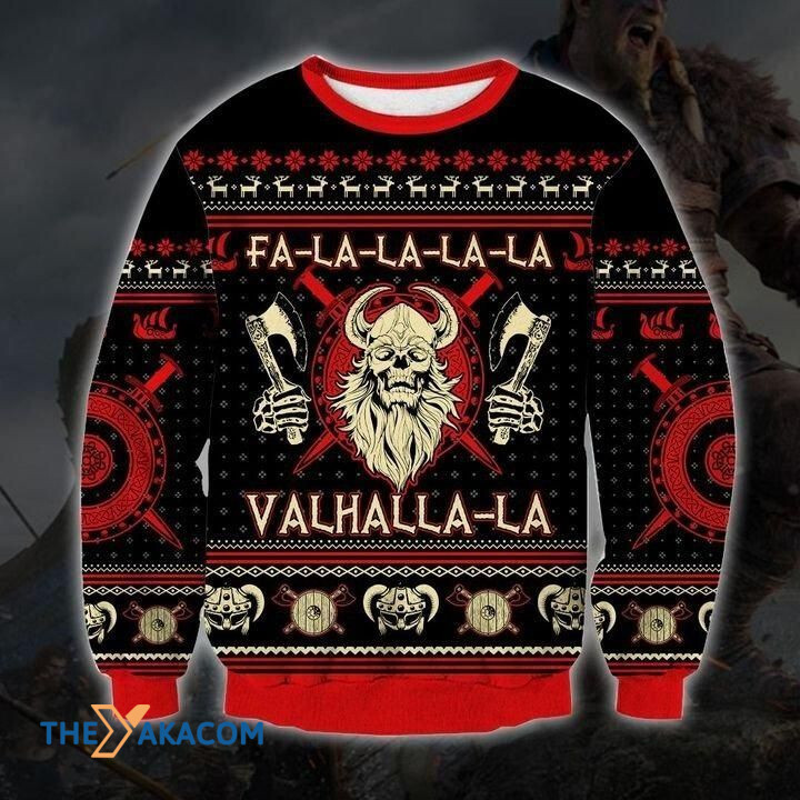 Red Viking Skull Hold Poleax Gift For Christmas Ugly Christmas Sweater