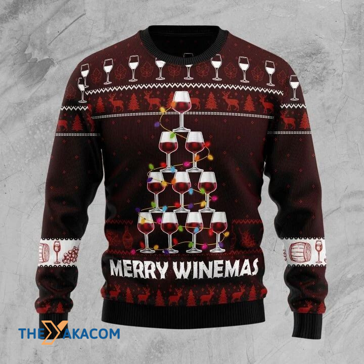 Red Wine Made Pine Tree With Colorful Light Merry Winemas Gift For Christmas Ugly Christmas Sweater