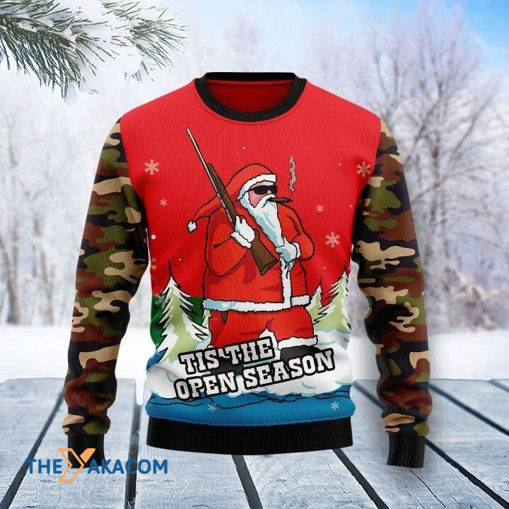 Santa Claus Hold Gun Tis The Open Season Gift For Christmas Ugly Christmas Sweater