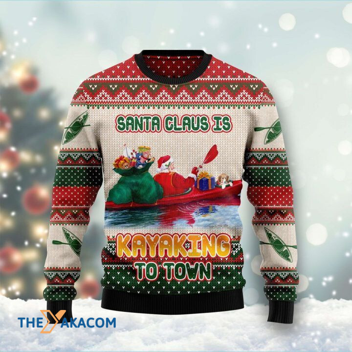 Santa Claus Is Kayaking To Town Christmas Gift For Christmas Ugly Christmas Sweater