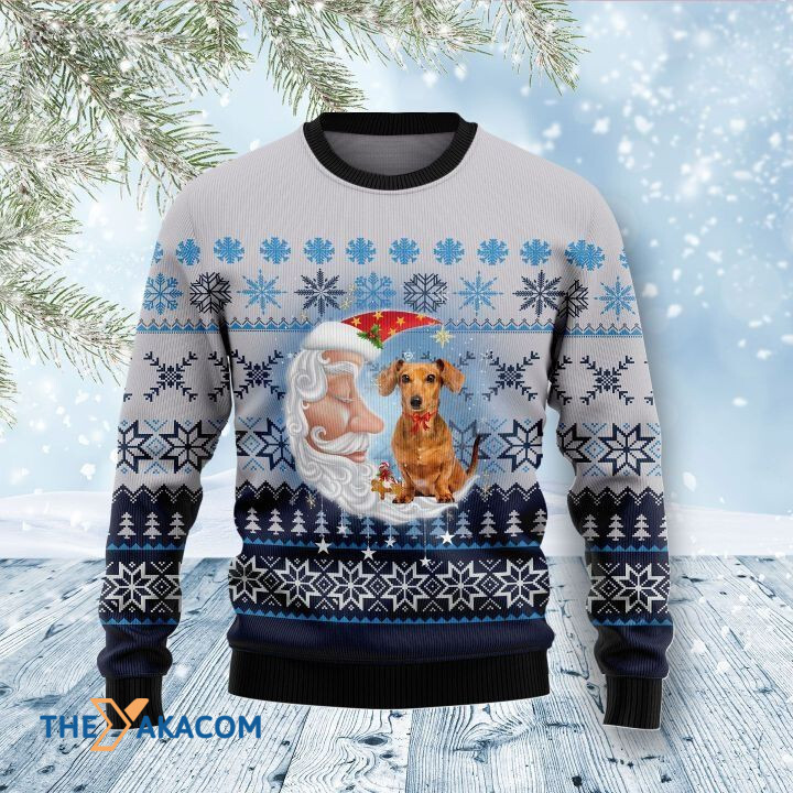 Santa Claus Moon And Lovely Dachshund With Snowflakes Gift For Christmas Ugly Christmas Sweater