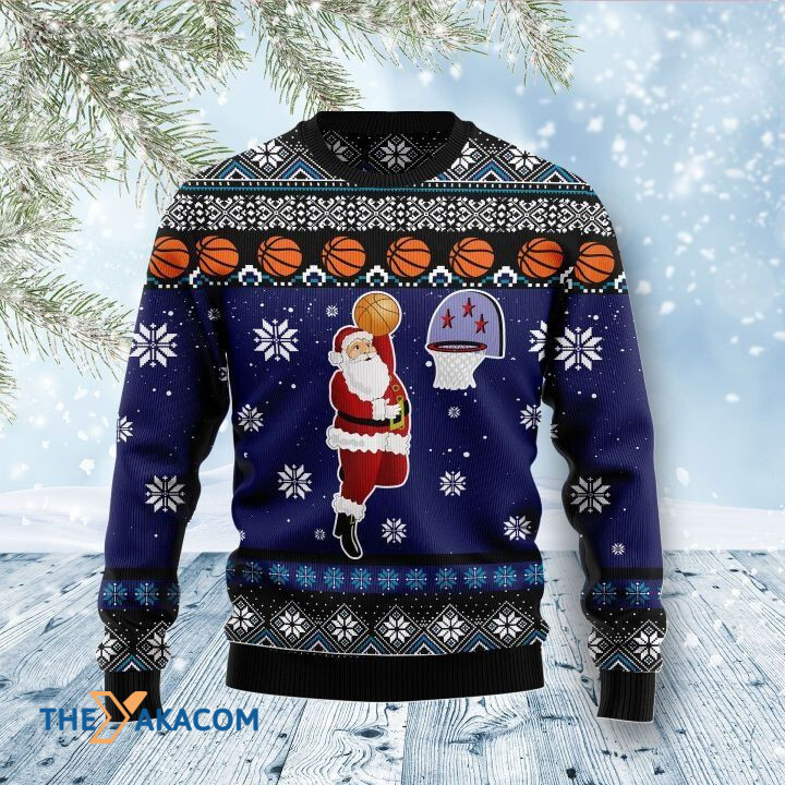 Santa Claus Playing Basketball With Snowfakes Gift For Christmas Ugly Christmas Sweater