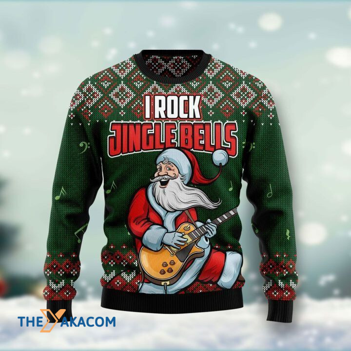 Santa Claus Playing Guitar I Rock Jingle Bells Gift For Christmas Ugly Christmas Sweater