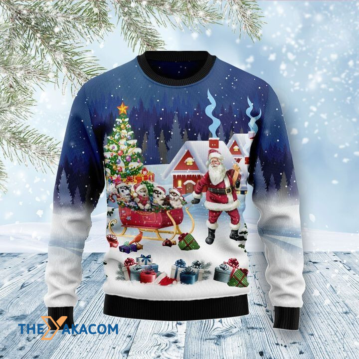 Santa Claus Pull Lovely Siberian Husky Dog Family In Winter Gift For Christmas Ugly Christmas Sweater