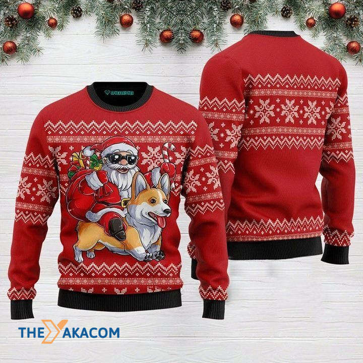 Santa Claus Ridiing Funny Corgi Gift For Christmas Ugly Christmas Sweater