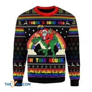 Santa Claus Riding Dinosaur There's Some Hos In This House LGBT Gift For Christmas Ugly Christmas Sweater