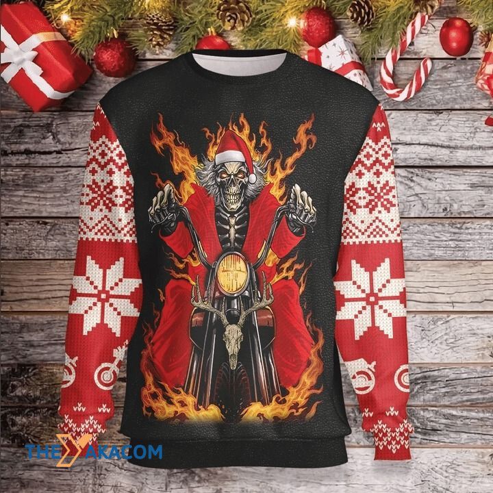 Santa Skeleton Driving With Fire Gift For Christmas Ugly Christmas Sweater