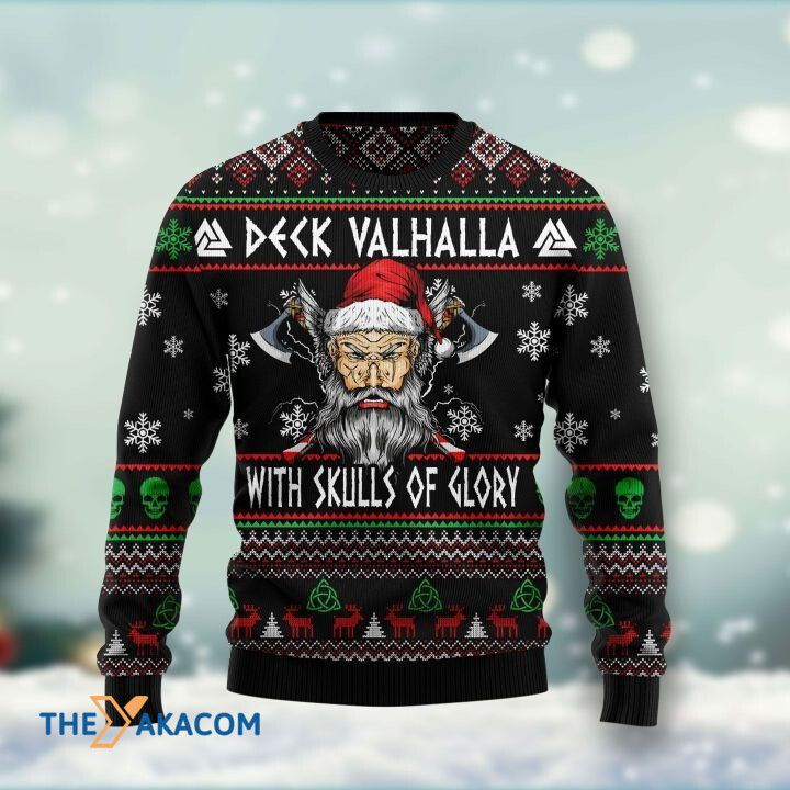 Scared Santa Claus Viking Deck Valhalla With Skull Of Glory Gift For Christmas Ugly Christmas Sweater