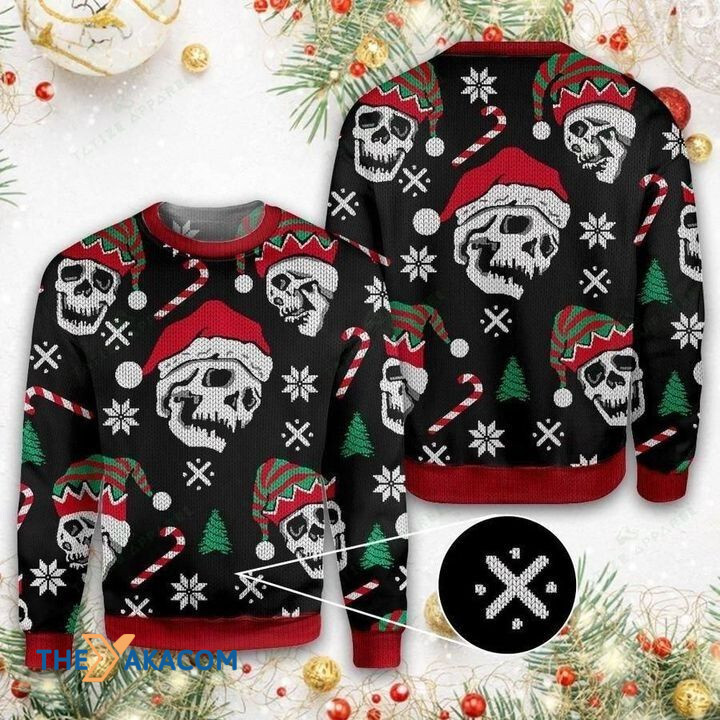 Scared Skull With Snowflake And Candy Cane Gift For Christmas Ugly Christmas Sweater